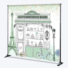 Aperturee - Aperturee Custom Parisian Storefront Birthday Backdrop Sweet Treats and Gold Glitter Party Decor