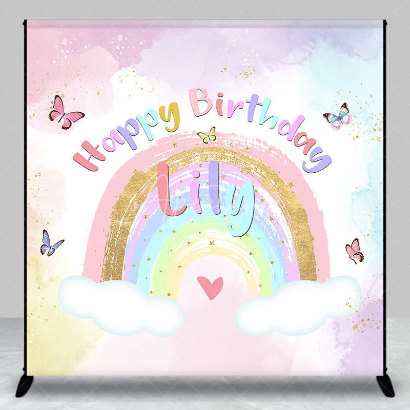 Aperturee - Aperturee Custom Pastel Rainbow Happy Birthday Backdrop with Gold Glitter Butterflies and Clouds for Kids Party