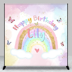 Aperturee - Aperturee Custom Pastel Rainbow Happy Birthday Backdrop with Gold Glitter Butterflies and Clouds for Kids Party
