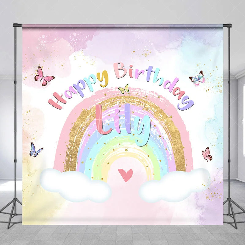 Aperturee - Aperturee Custom Pastel Rainbow Happy Birthday Backdrop with Gold Glitter Butterflies and Clouds for Kids Party