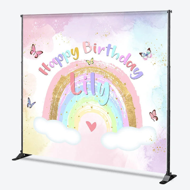 Aperturee - Aperturee Custom Pastel Rainbow Happy Birthday Backdrop with Gold Glitter Butterflies and Clouds for Kids Party