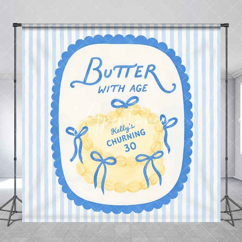 Aperturee - Aperturee Custom Personalized Blue and Yellow Striped Backdrop Elegant Butter with Age Cake Design for 30th Birthday Party.