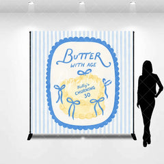 Aperturee - Aperturee Custom Personalized Blue and Yellow Striped Backdrop Elegant Butter with Age Cake Design for 30th Birthday Party.