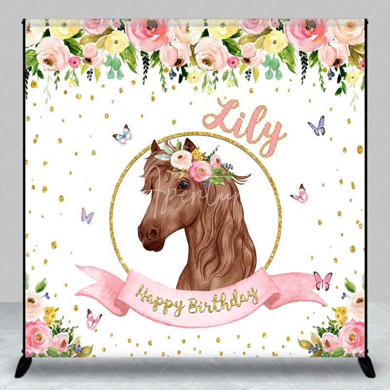 Aperturee - Aperturee Custom Personalized Horse Head Floral Wreath Happy Birthday Backdrop Pink Gold Glitter Decor