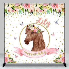 Aperturee - Aperturee Custom Personalized Horse Head Floral Wreath Happy Birthday Backdrop Pink Gold Glitter Decor