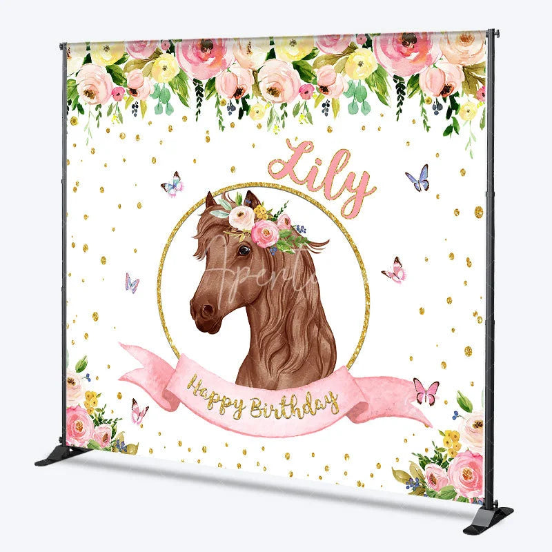 Aperturee - Aperturee Custom Personalized Horse Head Floral Wreath Happy Birthday Backdrop Pink Gold Glitter Decor