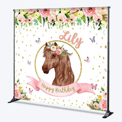 Aperturee - Aperturee Custom Personalized Horse Head Floral Wreath Happy Birthday Backdrop Pink Gold Glitter Decor