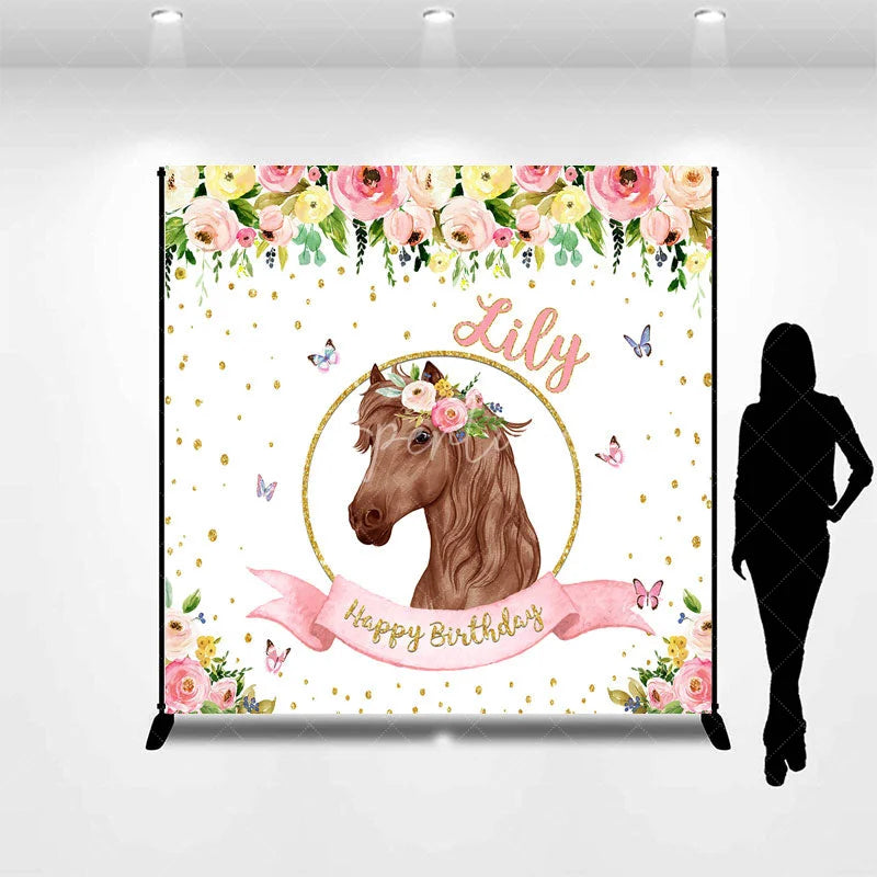 Aperturee - Aperturee Custom Personalized Horse Head Floral Wreath Happy Birthday Backdrop Pink Gold Glitter Decor