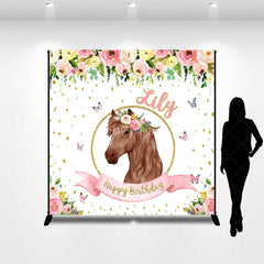 Aperturee - Aperturee Custom Personalized Horse Head Floral Wreath Happy Birthday Backdrop Pink Gold Glitter Decor