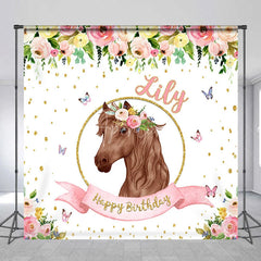 Aperturee - Aperturee Custom Personalized Horse Head Floral Wreath Happy Birthday Backdrop Pink Gold Glitter Decor