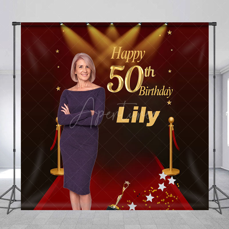 Aperturee - Aperturee Custom Photo 50th Birthday Backdrop for Her Personalized Red Carpet Hollywood Add Your Face Glam Party Decor