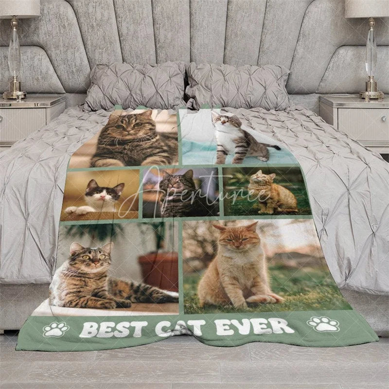Aperturee - Aperturee Custom Photo Collage Pet Blanket for Cat Lovers ’Best Cat Ever’ Memorial Gift Add Your Favorite Cat Pictures