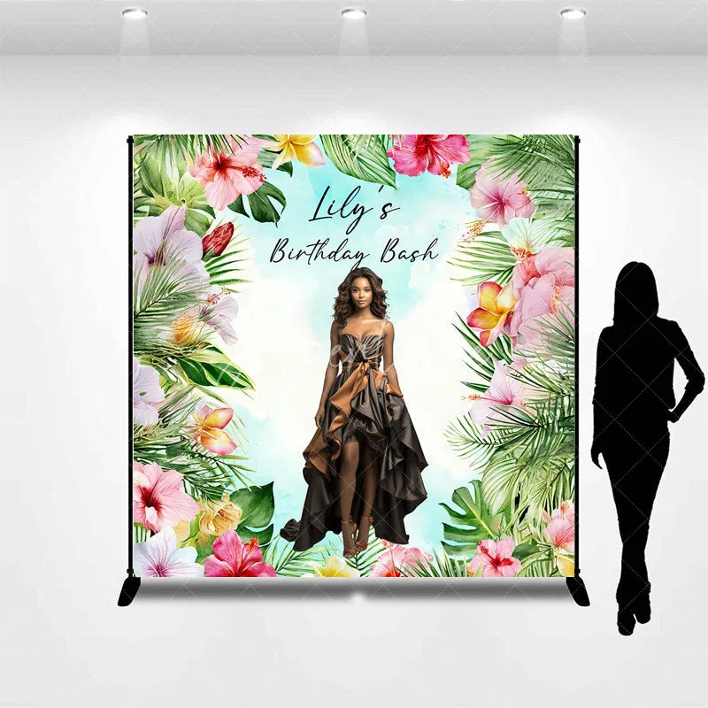 Aperturee - Aperturee Custom Photo Tropical Birthday Bash Backdrop Personalized with Hibiscus Floral Add Your Face Luau Party Decor