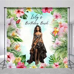 Aperturee - Aperturee Custom Photo Tropical Birthday Bash Backdrop Personalized with Hibiscus Floral Add Your Face Luau Party Decor