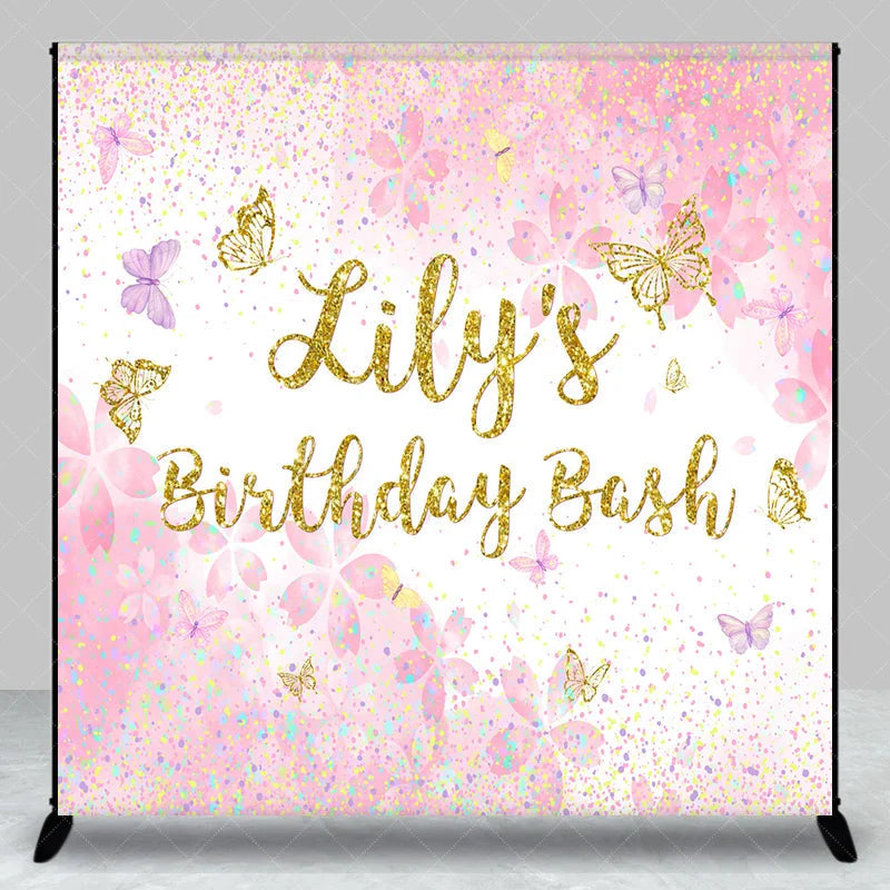 Aperturee - Aperturee Custom Pink and Gold Glitter Butterfly Birthday Backdrop Personalized Name Party Celebration Decor