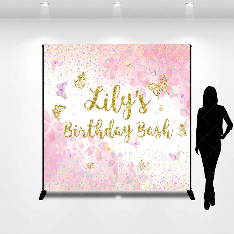 Aperturee - Aperturee Custom Pink and Gold Glitter Butterfly Birthday Backdrop Personalized Name Party Celebration Decor