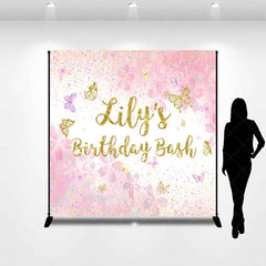 Aperturee - Aperturee Custom Pink and Gold Glitter Butterfly Birthday Backdrop Personalized Name Party Celebration Decor