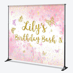 Aperturee - Aperturee Custom Pink and Gold Glitter Butterfly Birthday Backdrop Personalized Name Party Celebration Decor