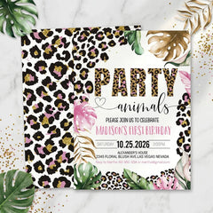 Aperturee - Aperturee Custom Pink and Gold Glitter Set of 20 Leopard Print Invitation Tropical Party Animals First Birthday Design