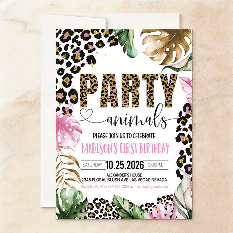Aperturee - Aperturee Custom Pink and Gold Glitter Set of 20 Leopard Print Invitation Tropical Party Animals First Birthday Design
