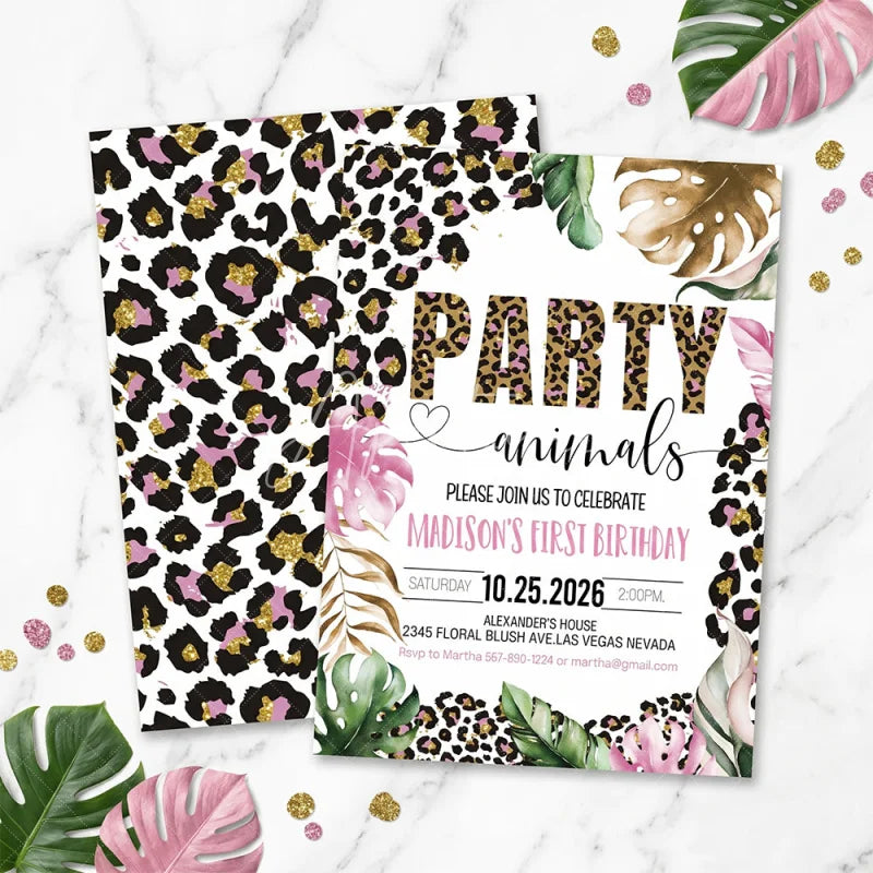 Aperturee - Aperturee Custom Pink and Gold Glitter Set of 20 Leopard Print Invitation Tropical Party Animals First Birthday Design