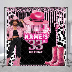 Aperturee - Aperturee Custom Pink Disco Cowgirl 33rd Birthday Backdrop with Glitter Disco Ball and Cowboy Boots Glam Western Party Decor