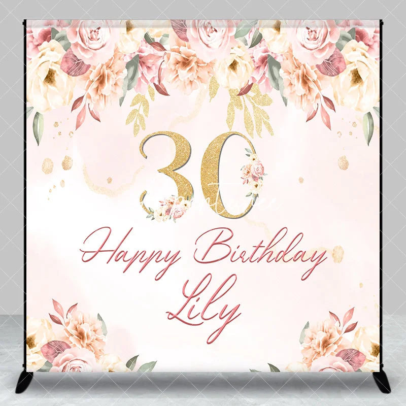 Aperturee - Aperturee Custom Pink Floral Golden Glitter 30th Birthday Backdrop Elegant Happy Birthday Party Decor