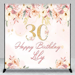Aperturee - Aperturee Custom Pink Floral Golden Glitter 30th Birthday Backdrop Elegant Happy Birthday Party Decor