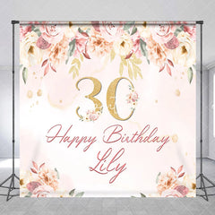 Aperturee - Aperturee Custom Pink Floral Golden Glitter 30th Birthday Backdrop Elegant Happy Birthday Party Decor