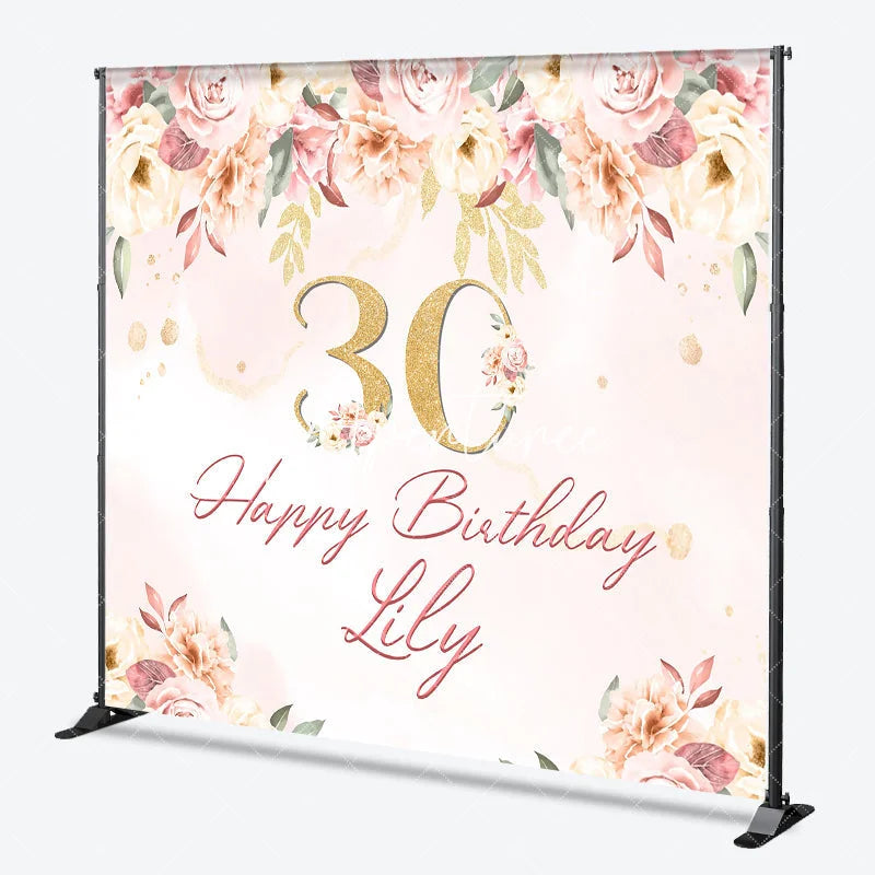Aperturee - Aperturee Custom Pink Floral Golden Glitter 30th Birthday Backdrop Elegant Happy Birthday Party Decor