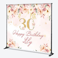 Aperturee - Aperturee Custom Pink Floral Golden Glitter 30th Birthday Backdrop Elegant Happy Birthday Party Decor