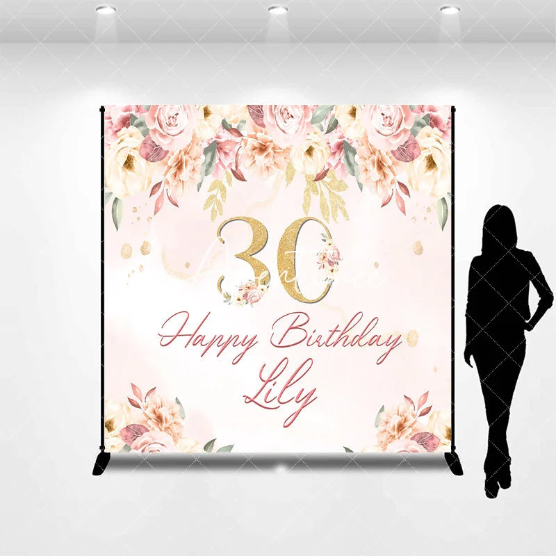 Aperturee - Aperturee Custom Pink Floral Golden Glitter 30th Birthday Backdrop Elegant Happy Birthday Party Decor