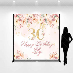 Aperturee - Aperturee Custom Pink Floral Golden Glitter 30th Birthday Backdrop Elegant Happy Birthday Party Decor