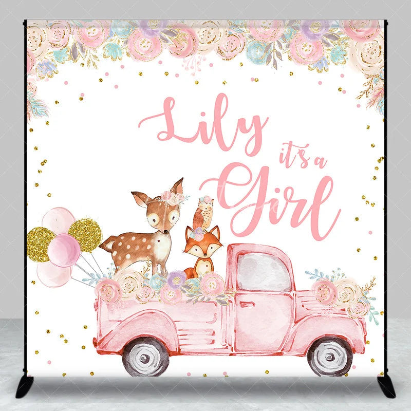 Aperturee - Aperturee Custom Pink Woodland Floral It’s a Girl Baby Shower Backdrop featuring a vintage truck and cute animals.