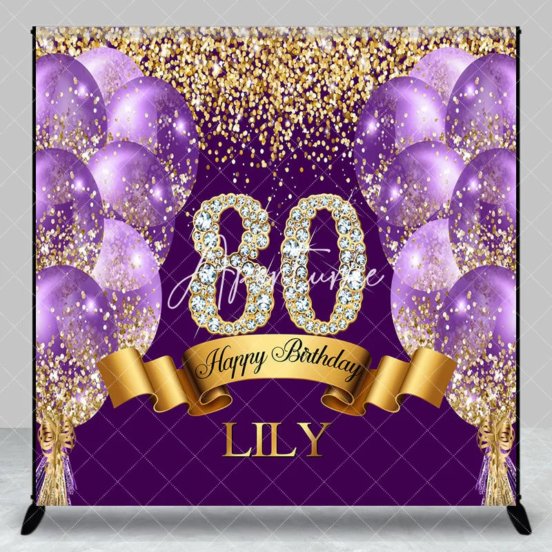 Aperturee - Aperturee Custom Purple and Gold Glitter Diamond 80th Happy Birthday Party Backdrop Personalized Elegant Celebration Decor