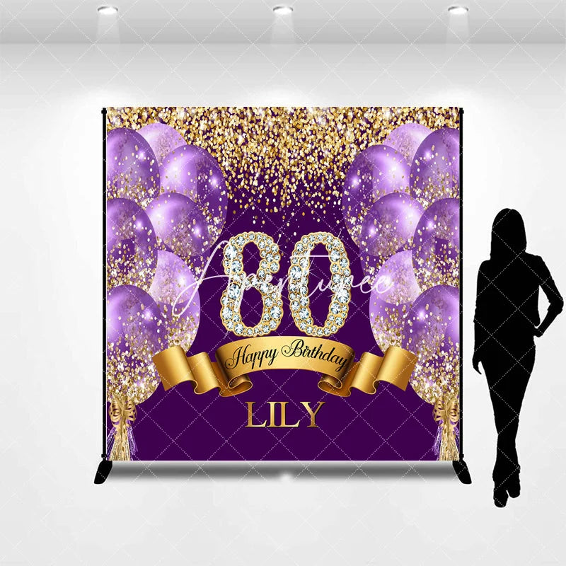 Aperturee - Aperturee Custom Purple and Gold Glitter Diamond 80th Happy Birthday Party Backdrop Personalized Elegant Celebration Decor