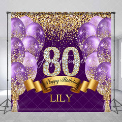 Aperturee - Aperturee Custom Purple and Gold Glitter Diamond 80th Happy Birthday Party Backdrop Personalized Elegant Celebration Decor