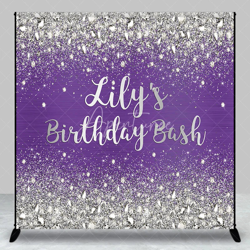 Aperturee - Aperturee Custom Purple and Silver Glitter Diamond Birthday Backdrop Personalized Party Decor for a Glamorous Celebration