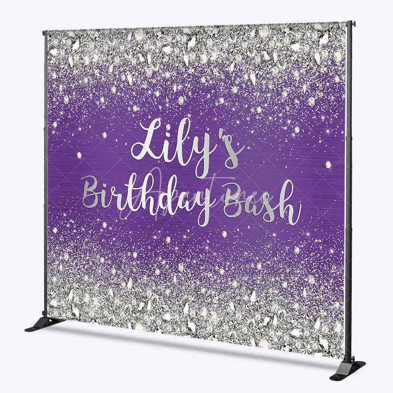 Aperturee - Aperturee Custom Purple and Silver Glitter Diamond Birthday Backdrop Personalized Party Decor for a Glamorous Celebration