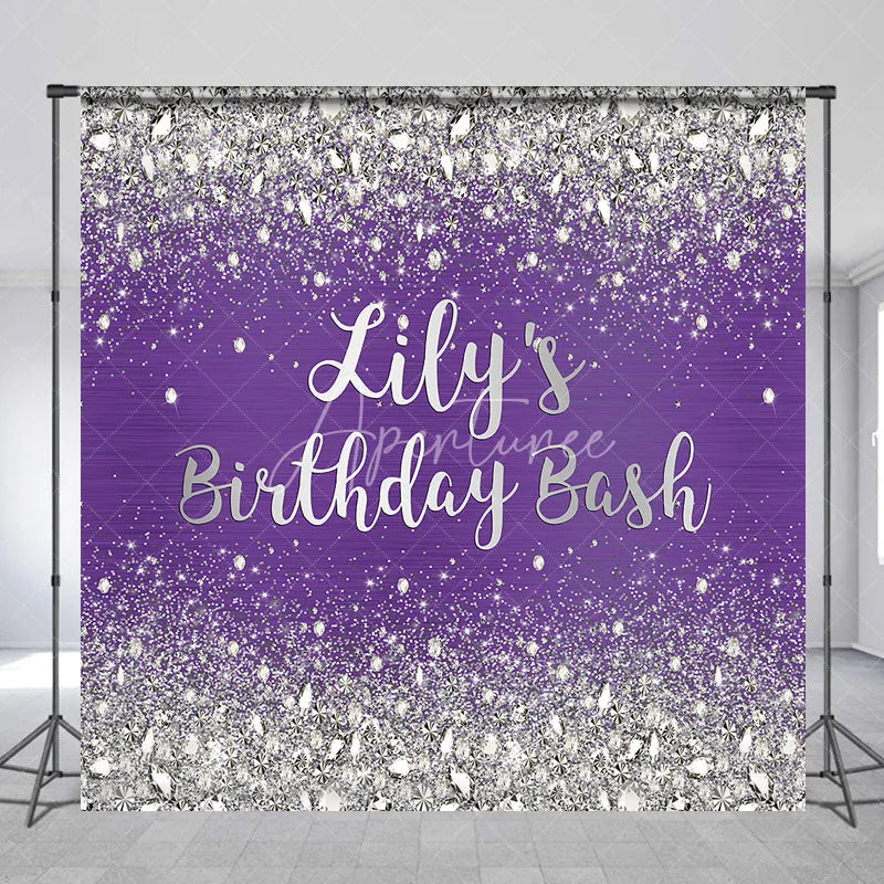 Aperturee - Aperturee Custom Purple and Silver Glitter Diamond Birthday Backdrop Personalized Party Decor for a Glamorous Celebration