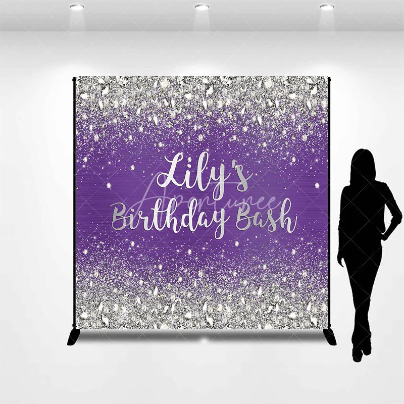 Aperturee - Aperturee Custom Purple and Silver Glitter Diamond Birthday Backdrop Personalized Party Decor for a Glamorous Celebration