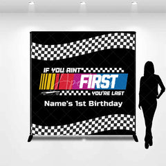 Aperturee - Aperturee Custom Race Car Birthday Backdrop Black Checkered Flag Speed Track Background Personalized Name 1st Birthday Fast Car