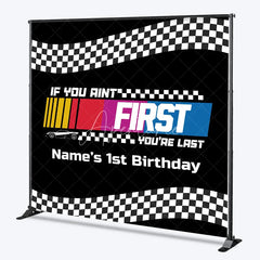 Aperturee - Aperturee Custom Race Car Birthday Backdrop Black Checkered Flag Speed Track Background Personalized Name 1st Birthday Fast Car