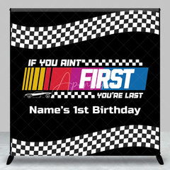 Aperturee - Aperturee Custom Race Car Birthday Backdrop Black Checkered Flag Speed Track Background Personalized Name 1st Birthday Fast Car