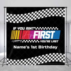 Aperturee - Aperturee Custom Race Car Birthday Backdrop Black Checkered Flag Speed Track Background Personalized Name 1st Birthday Fast Car