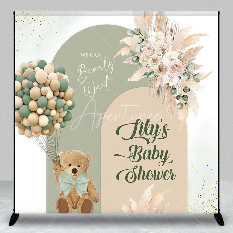 Aperturee - Aperturee Custom Sage Green Beige Arched Baby Shower Backdrop Teddy Bear Balloons Pampas Floral We Can Bearly Wait Design
