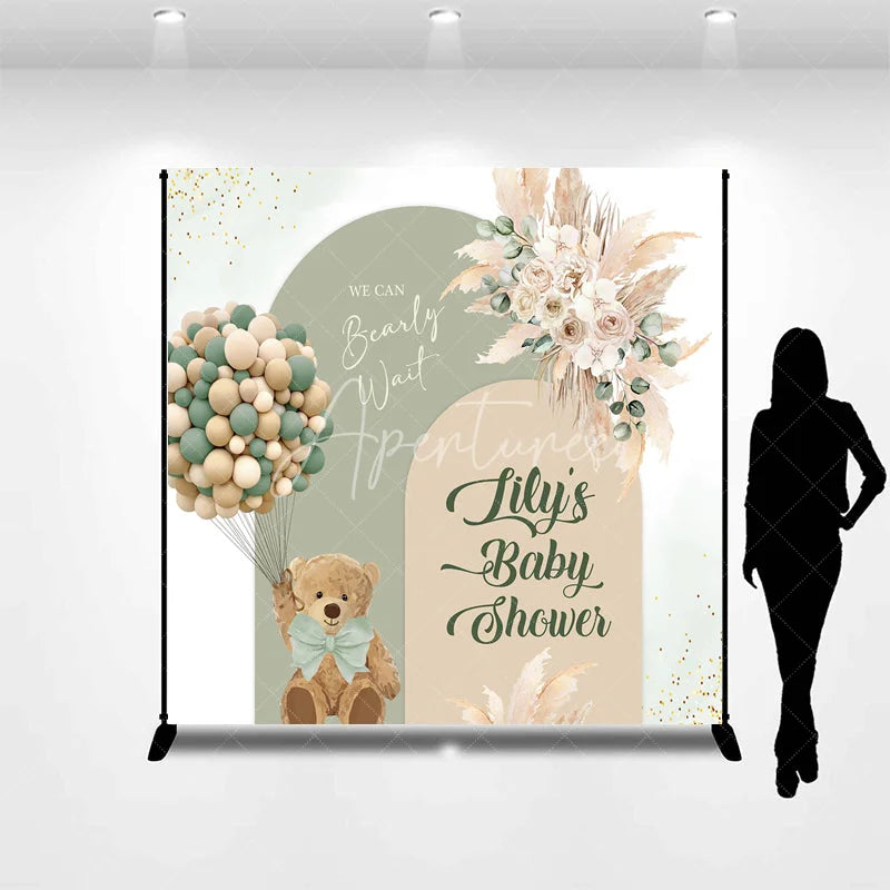 Aperturee - Aperturee Custom Sage Green Beige Arched Baby Shower Backdrop Teddy Bear Balloons Pampas Floral We Can Bearly Wait Design