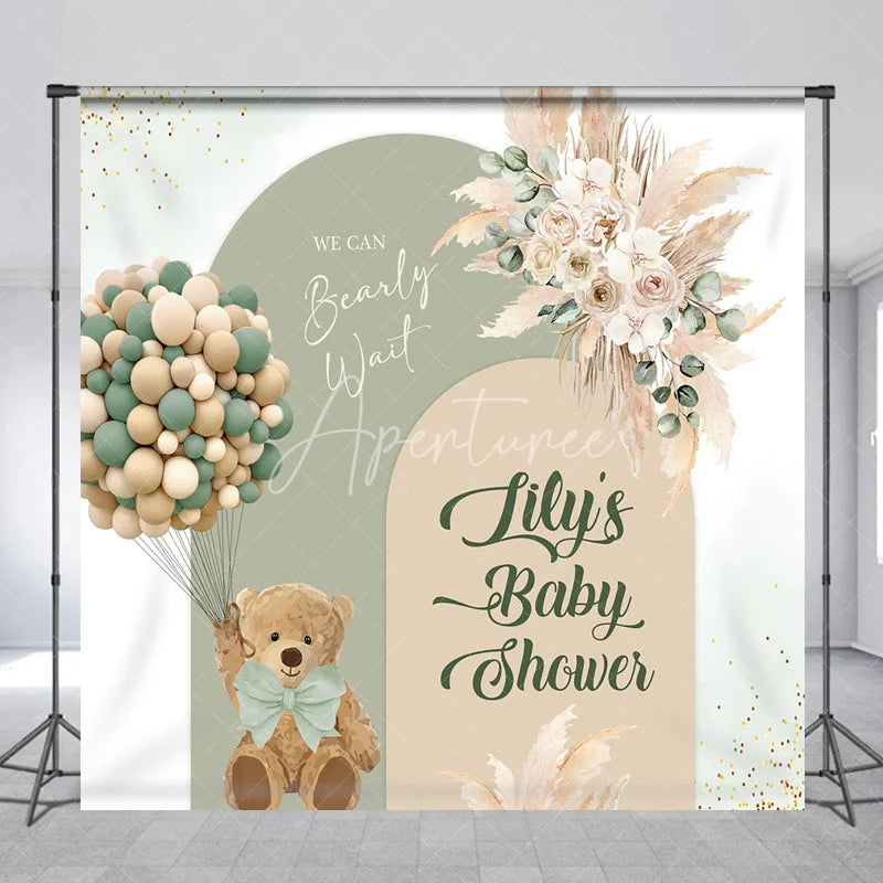 Aperturee - Aperturee Custom Sage Green Beige Arched Baby Shower Backdrop Teddy Bear Balloons Pampas Floral We Can Bearly Wait Design