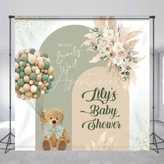 Aperturee - Aperturee Custom Sage Green Beige Arched Baby Shower Backdrop Teddy Bear Balloons Pampas Floral We Can Bearly Wait Design