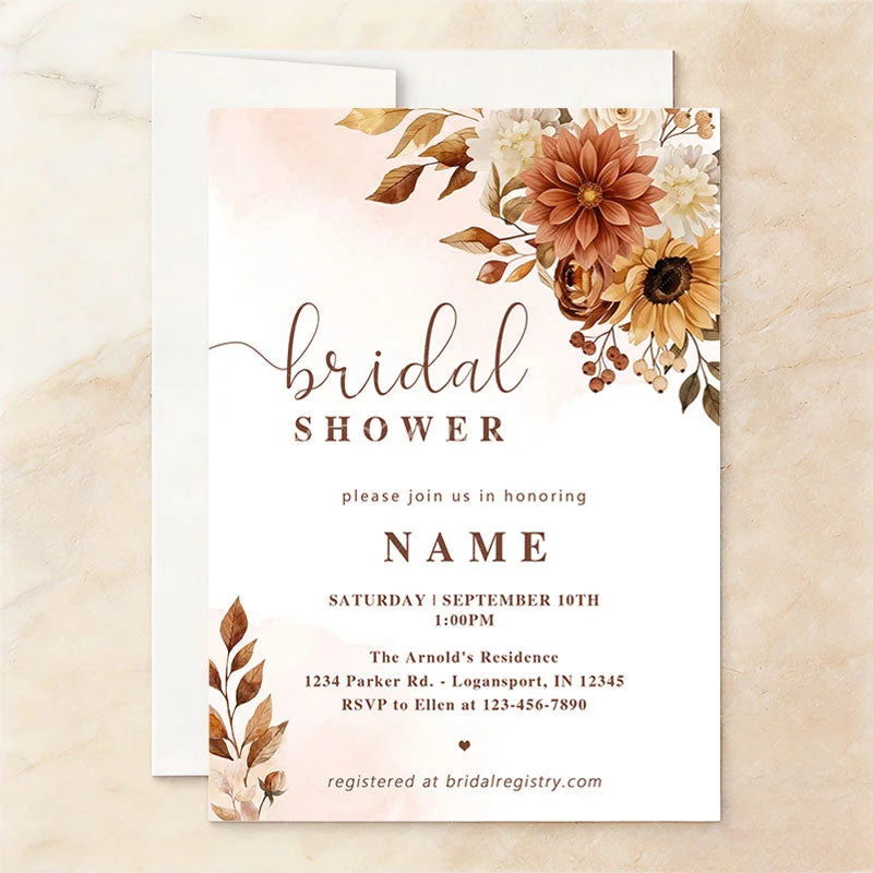 Aperturee - Aperturee Custom Set of 20 Autumnal Floral Bridal Shower Invitation Rust and Cream Flowers for Elegant Fall Celebration